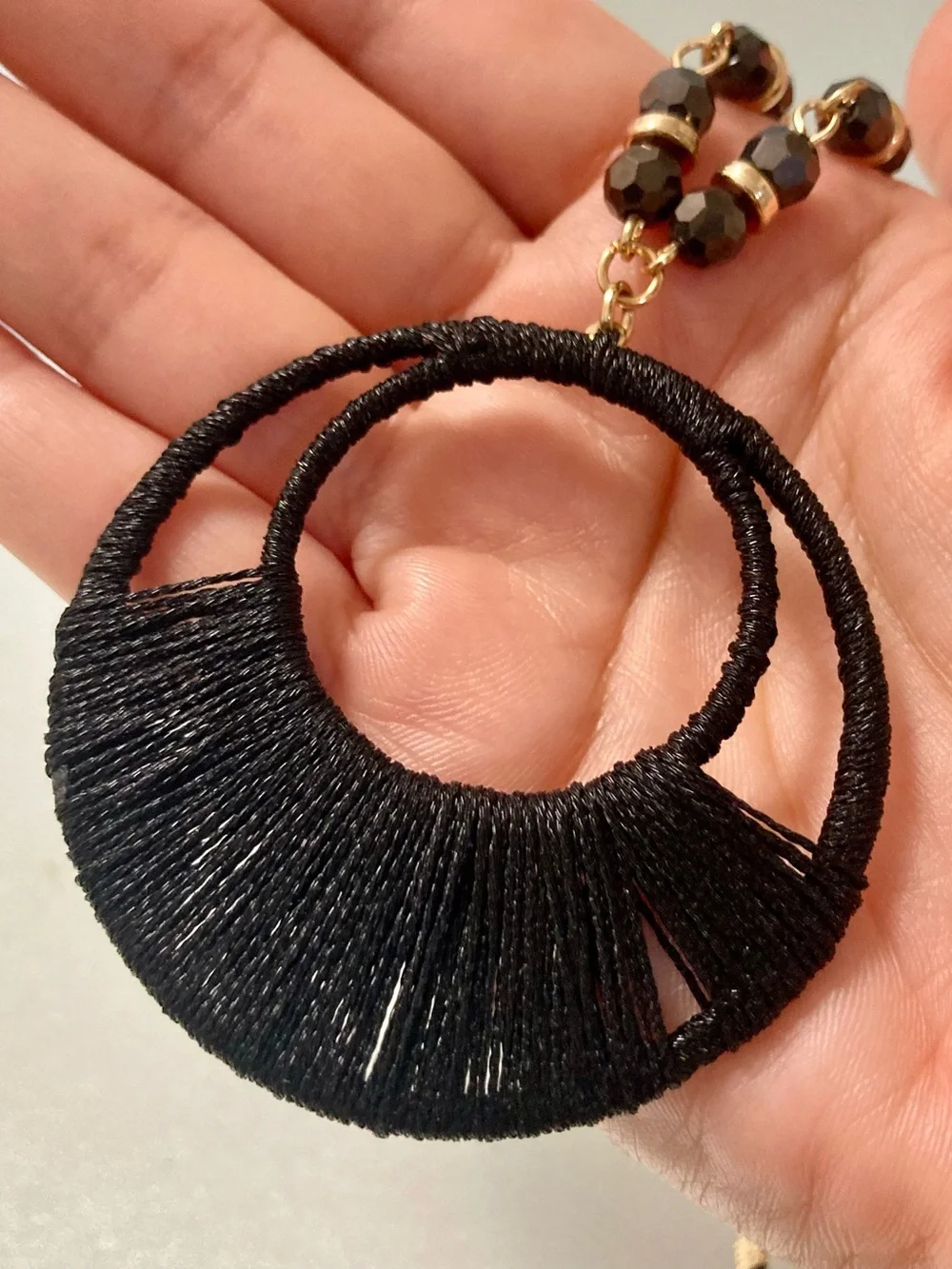 Versano Black Thread Fringe Circle Pendant preloved cord bead Necklace Jewelry